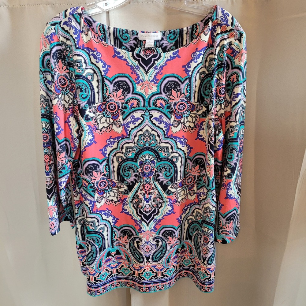 Charter Club Womens Top Large Paisley Boat Neck Boho Retro Psychedelic 21751